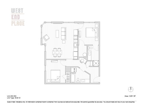 Floor plan for 2 beds, 2 baths, 1001 sqft